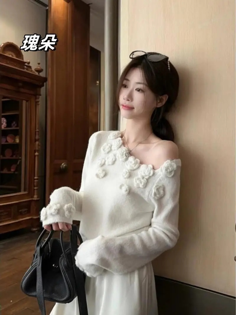 Off Shoulder Short Top Sweater Women Jumper Pullover Winter Clothes Women Sueter 3D Flower Knitted Sweaters Pull Femme 250210