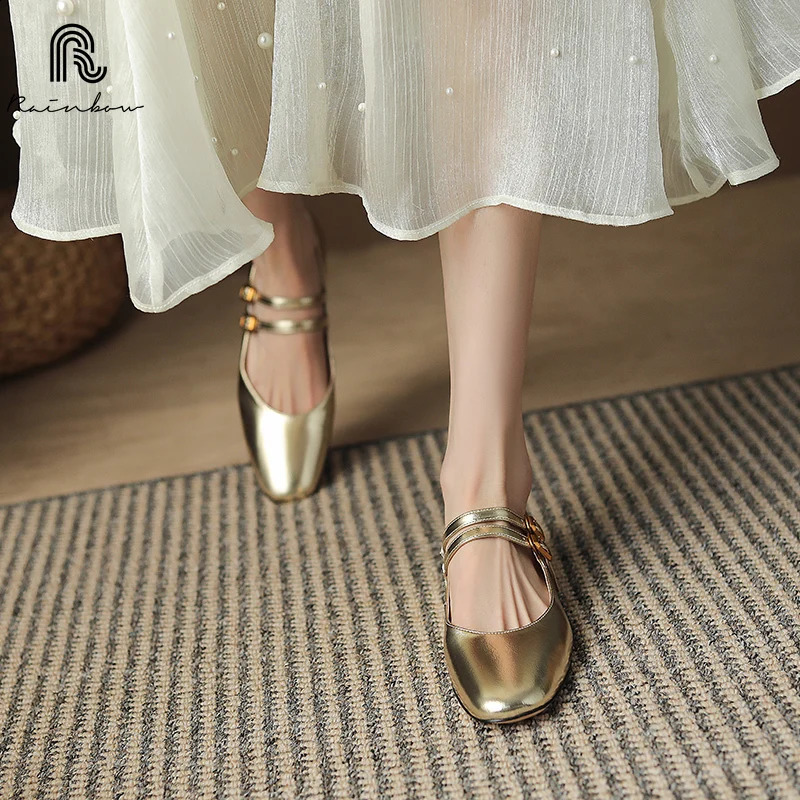 RAINBOW Size 34-40 Women Shoes Retro Flat Mary Jane Ballet Real Leather Low Heels Bridal Wedding dress Sliver Gold 250214
