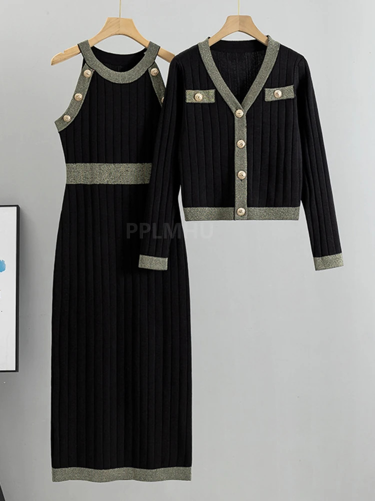 Knit Bodycon Dresses 2 Piece Sets Women V-neck Short Sweater Cardigan Set Korean Chic Sexy Slim Tank Maxi Dresses Outfits 250210