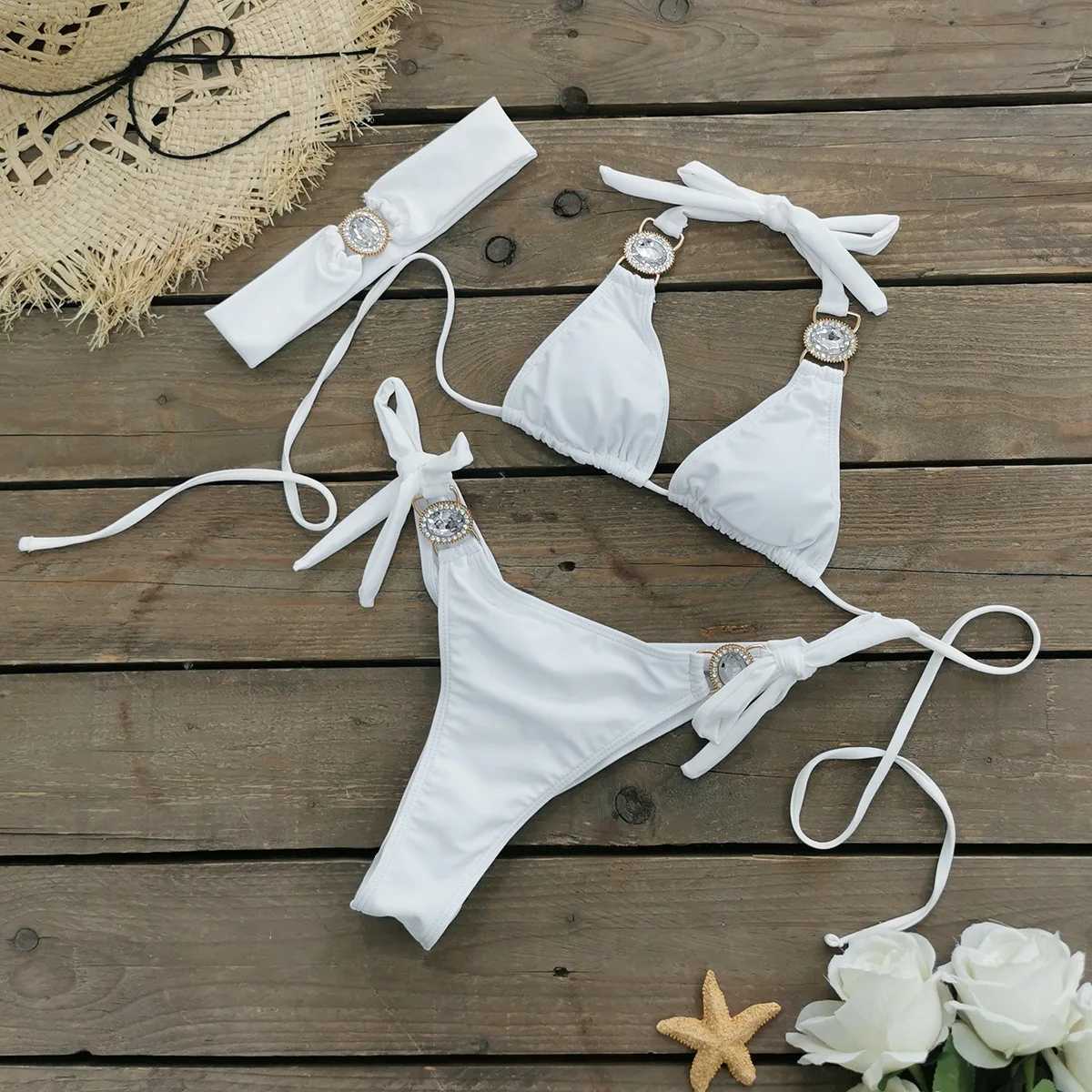 Sexy String Thong Bikinis Set Rhinestones Crystal Patchwork Swimsuit Band 3pcs Women Swimwear Gradient Bathing Suit X250214