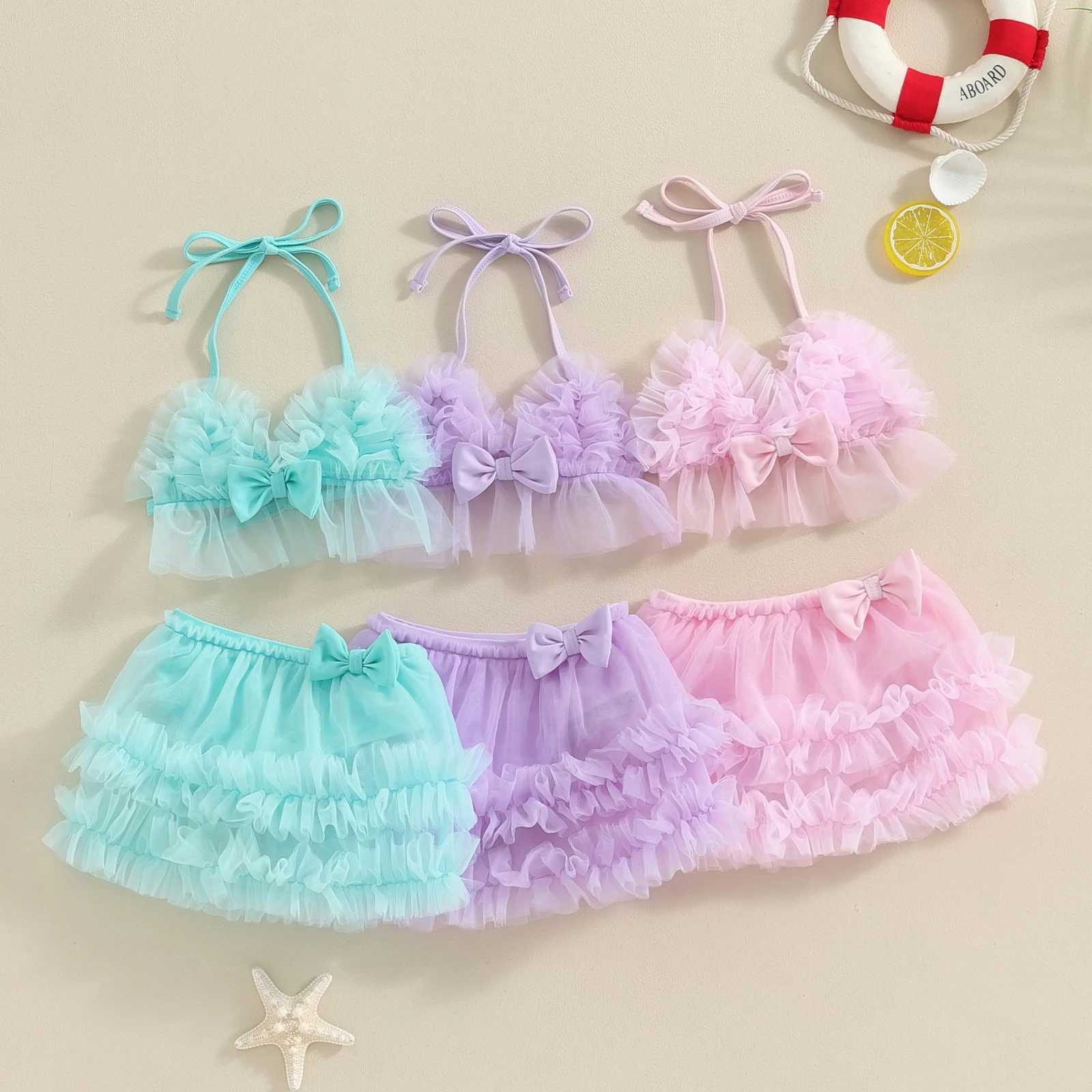 Baby Girls Bikini Beach Swimwear 2 Piece Swimsuits Tulle Camisole PP Shorts Bathing Suits 0-24MXJ250214