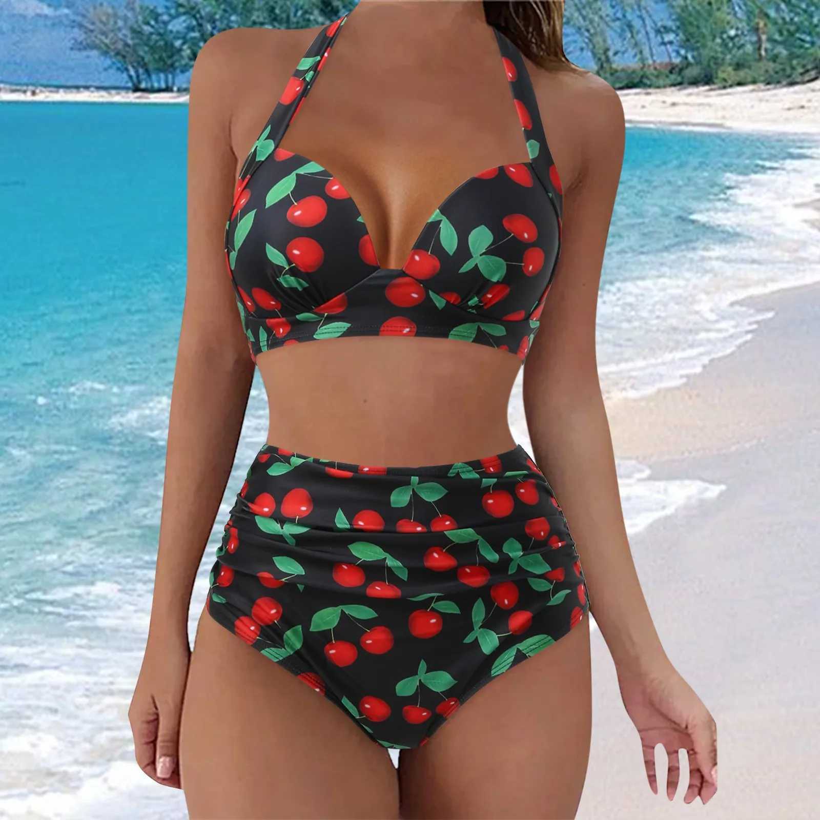 Fashion swimsuit womens 2-piece suspender high waist split Tankini beach clothing summer print party conservative swimsuitW250214