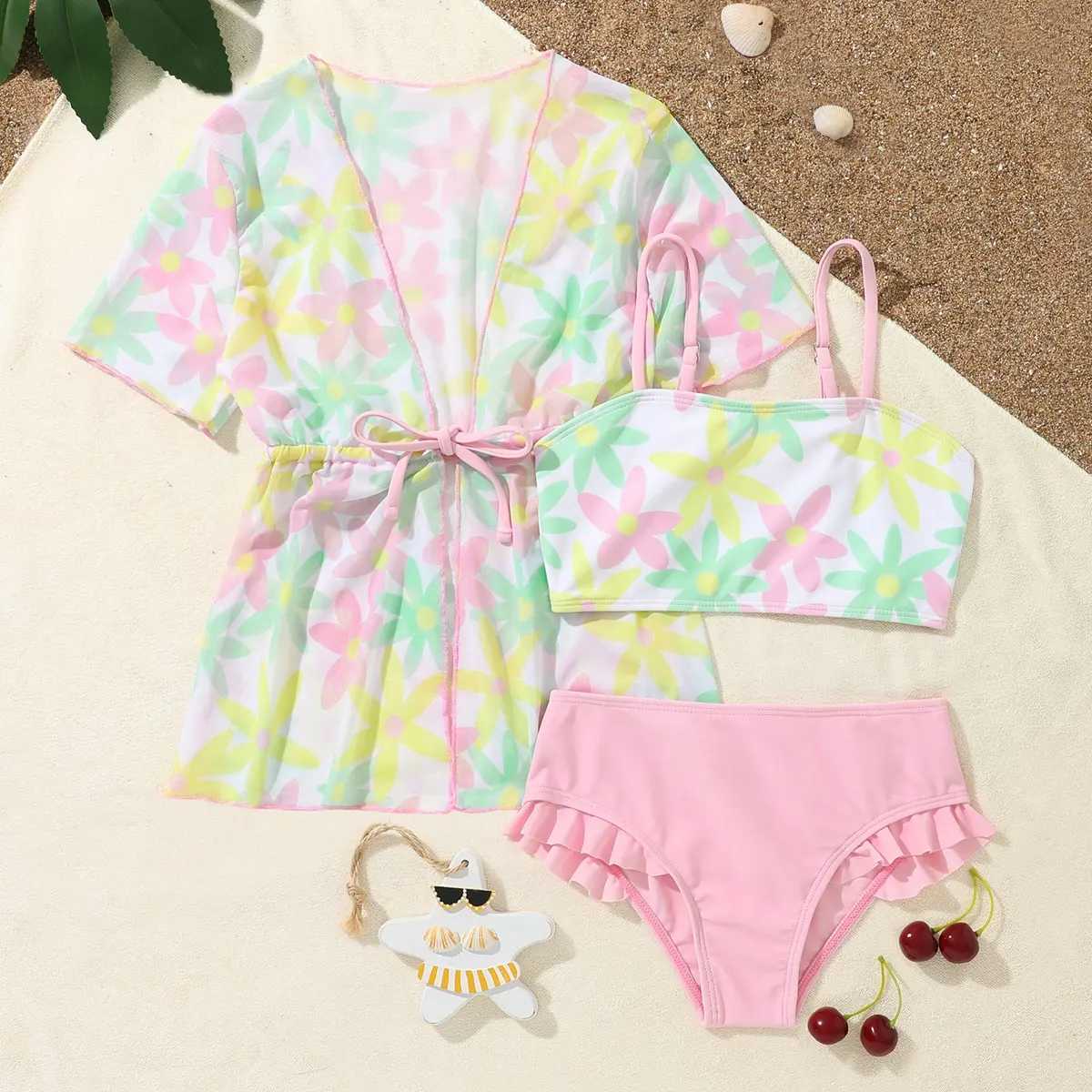 New Flower Print Girls Swimwear Bikinis 3 Pieces sand Swimsuit Suit s1005XJ250214