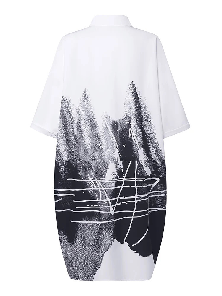 ZANZEA Vintage Ink Painting Shirt Dress Women Oversize Loose Casual 3/4 Sleeve Midi Dresses Trendy Rounded Hem Dresses 250213