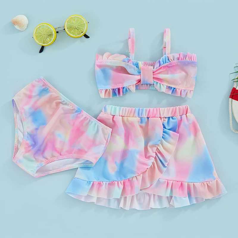9M-4T Kids Girls Swimwear and Cover Up Summer Floral/Tie Dye Print Camisole Bra Elastic Shorts and Ruffle Skirt 3-Piece SetXJ250214
