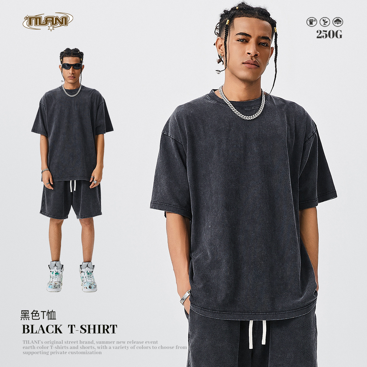 Designer Fashion Trend Versatile TILANI Summer Youth Fashion Brand Washed Pure Cotton Men Short Sleeved T-shirt