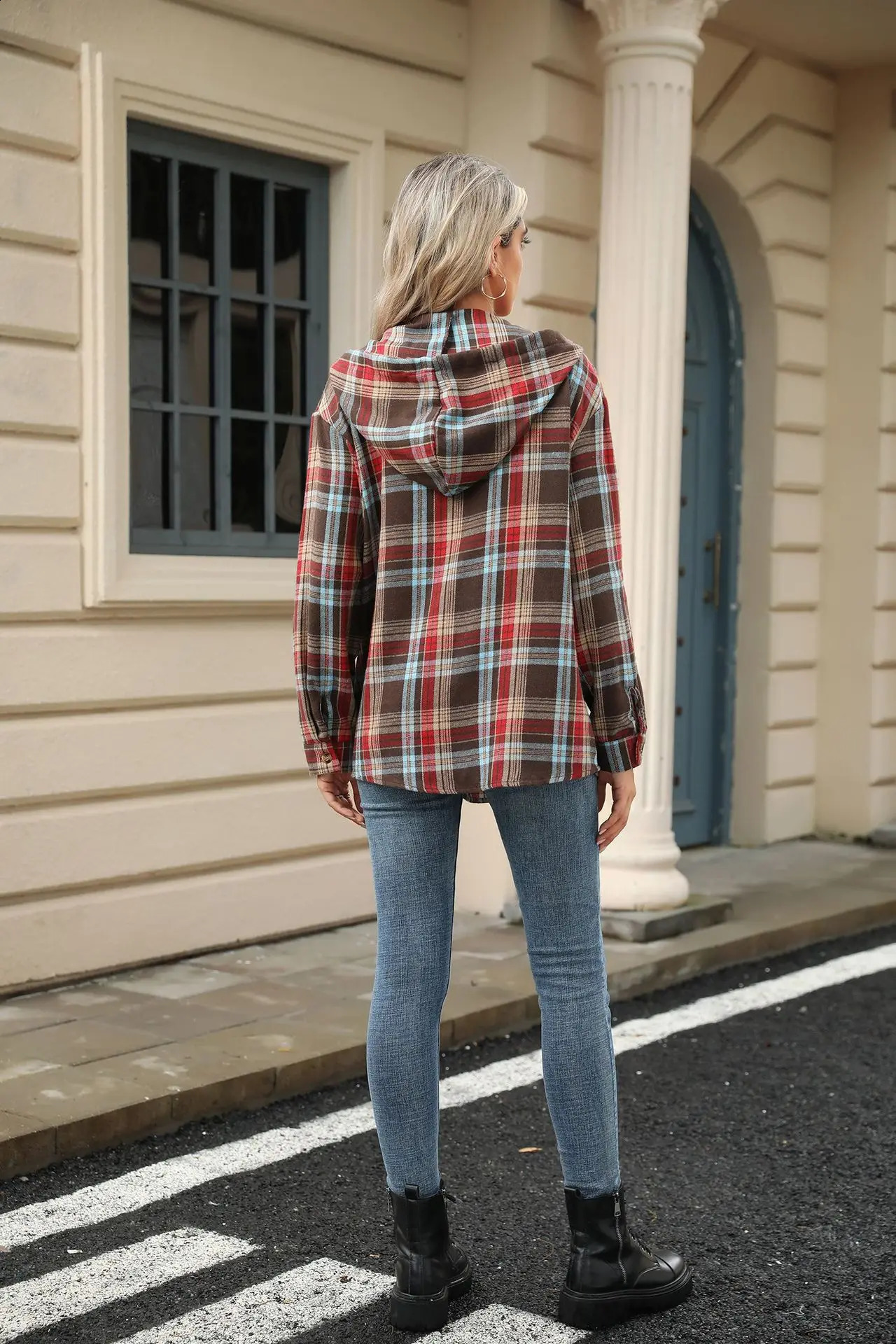 Autumn and winter loose long sleeved hooded button checkered coat casual hoodie for women 250213