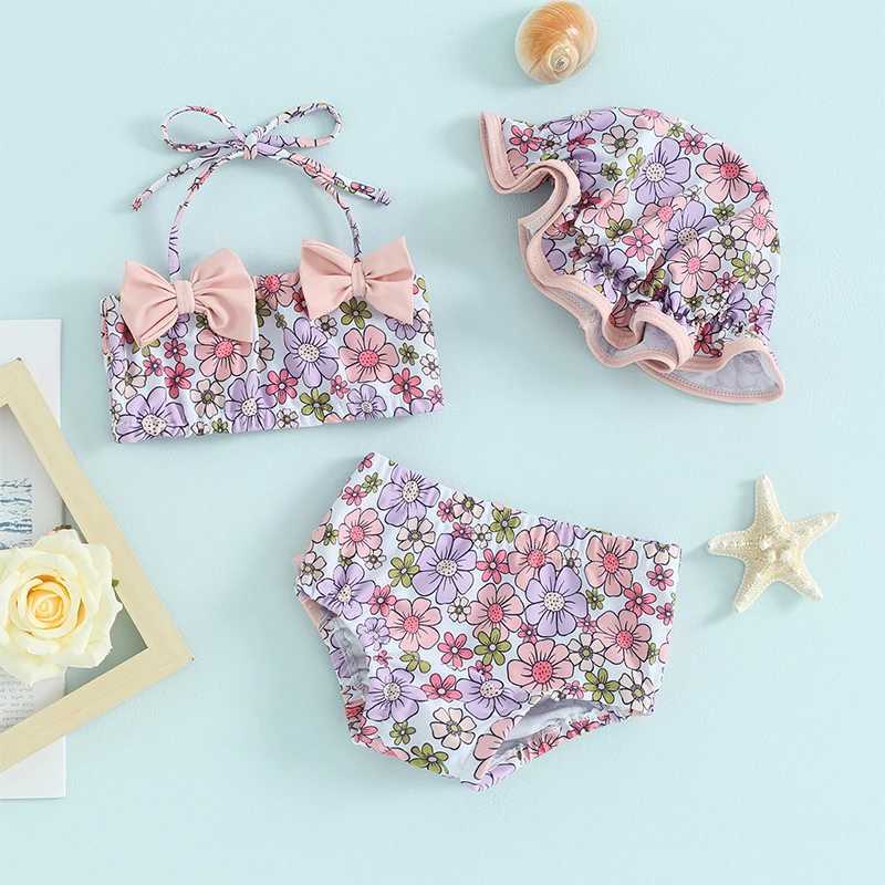 0-18M Baby Girls Summer Bikini 3 Pcs Set Floral Print Bow Halter Crop Tops with Shorts and Swimming Hat SwimsuitXJ250214