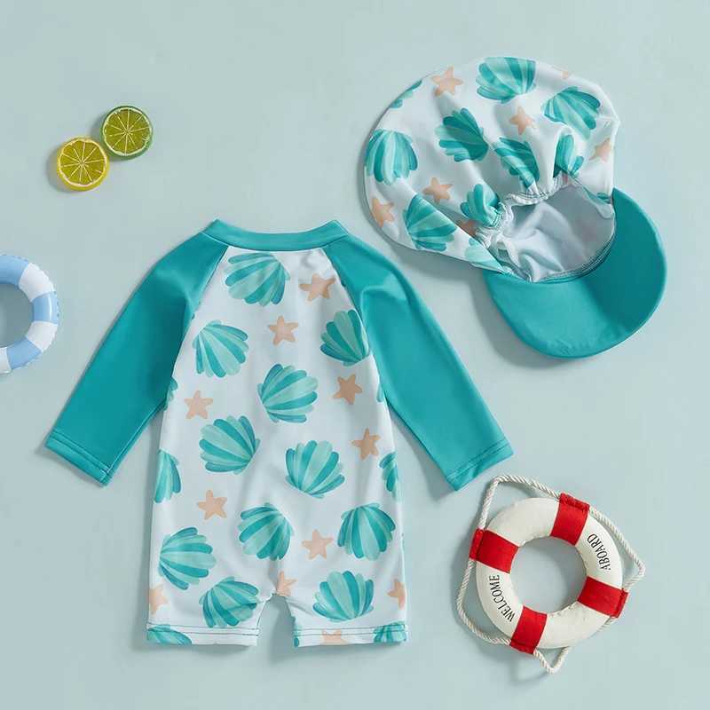 0-5Y Kids Boys Long Sleeve Swimwear Summer Shell Print Zipper Rash Guard Swimsuit and Hat Beachwear Bathing SuitXJ250214