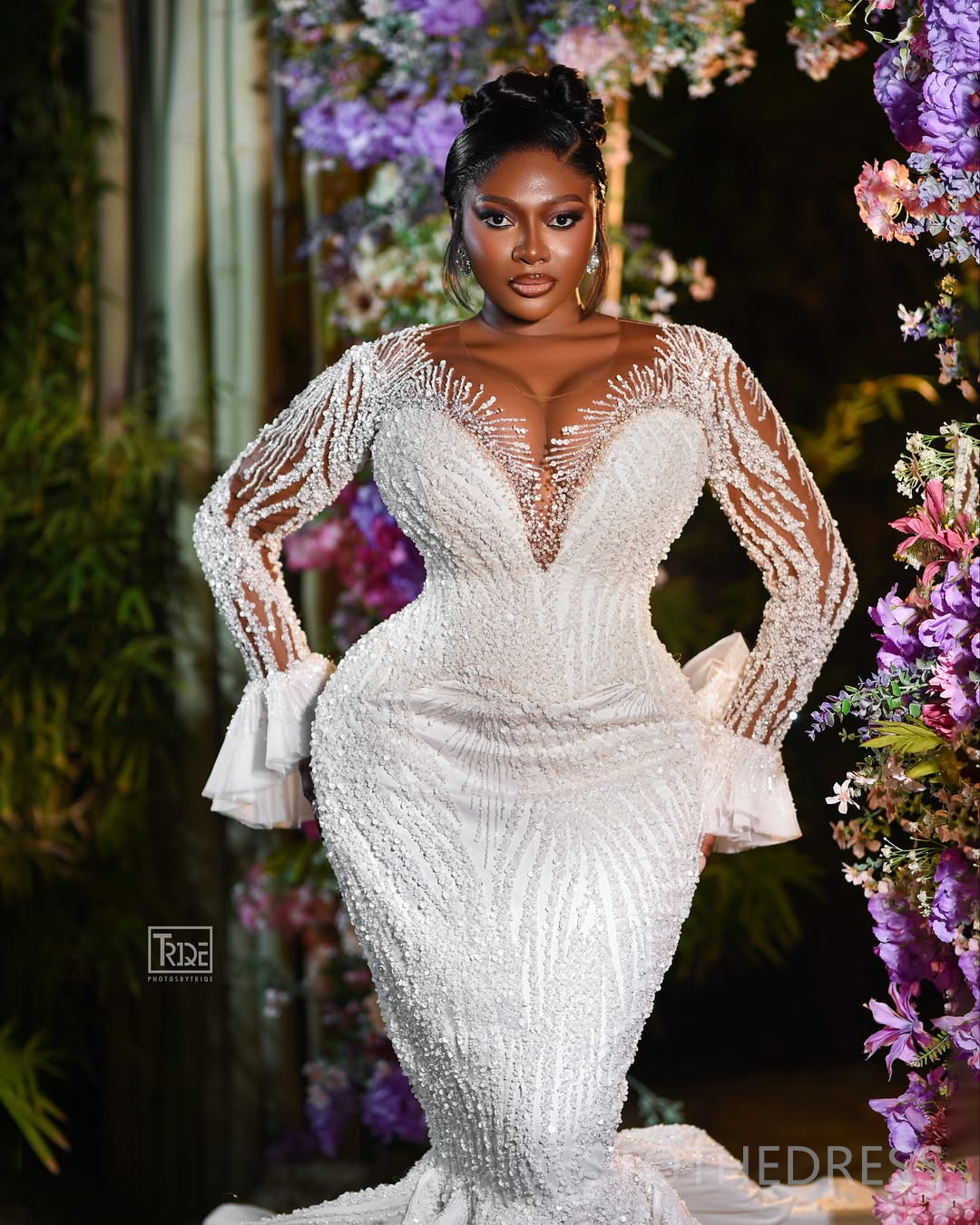 2025 Plus Size Mermaid Wedding Dress Bridal Gowns For Bride Sheer Neck Illusion Long Sleeves Appliqued Beaded Pearls Lace Wedding Gowns For Black Wome