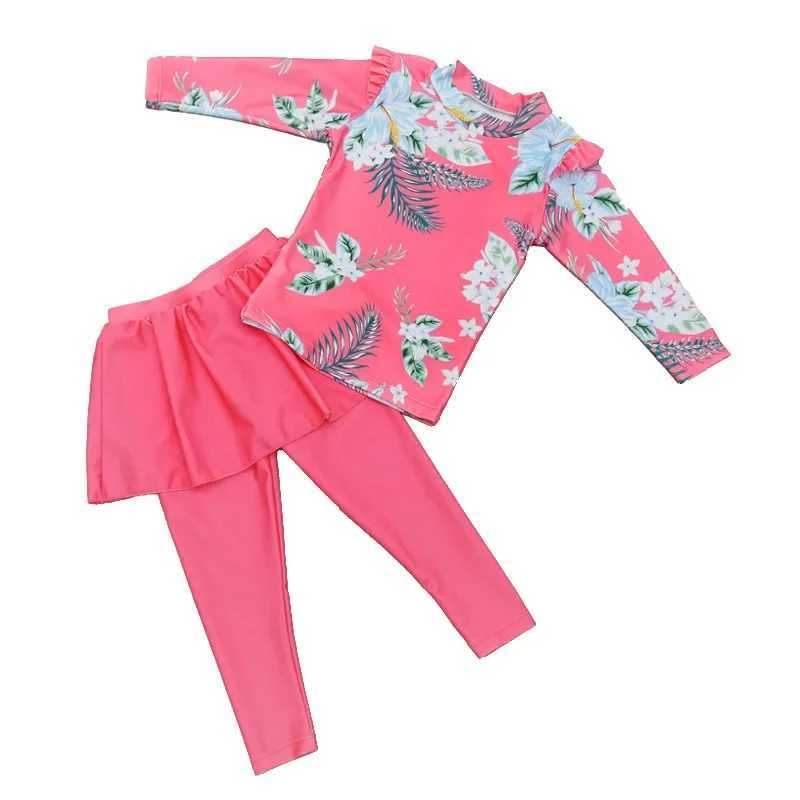 Girl Two Pieces Suit 3-11 Year Children Long Sleeve Skirt Swimsuit Kid Cute Flower Print Swimwear Baby Bathing SuitXJ250214