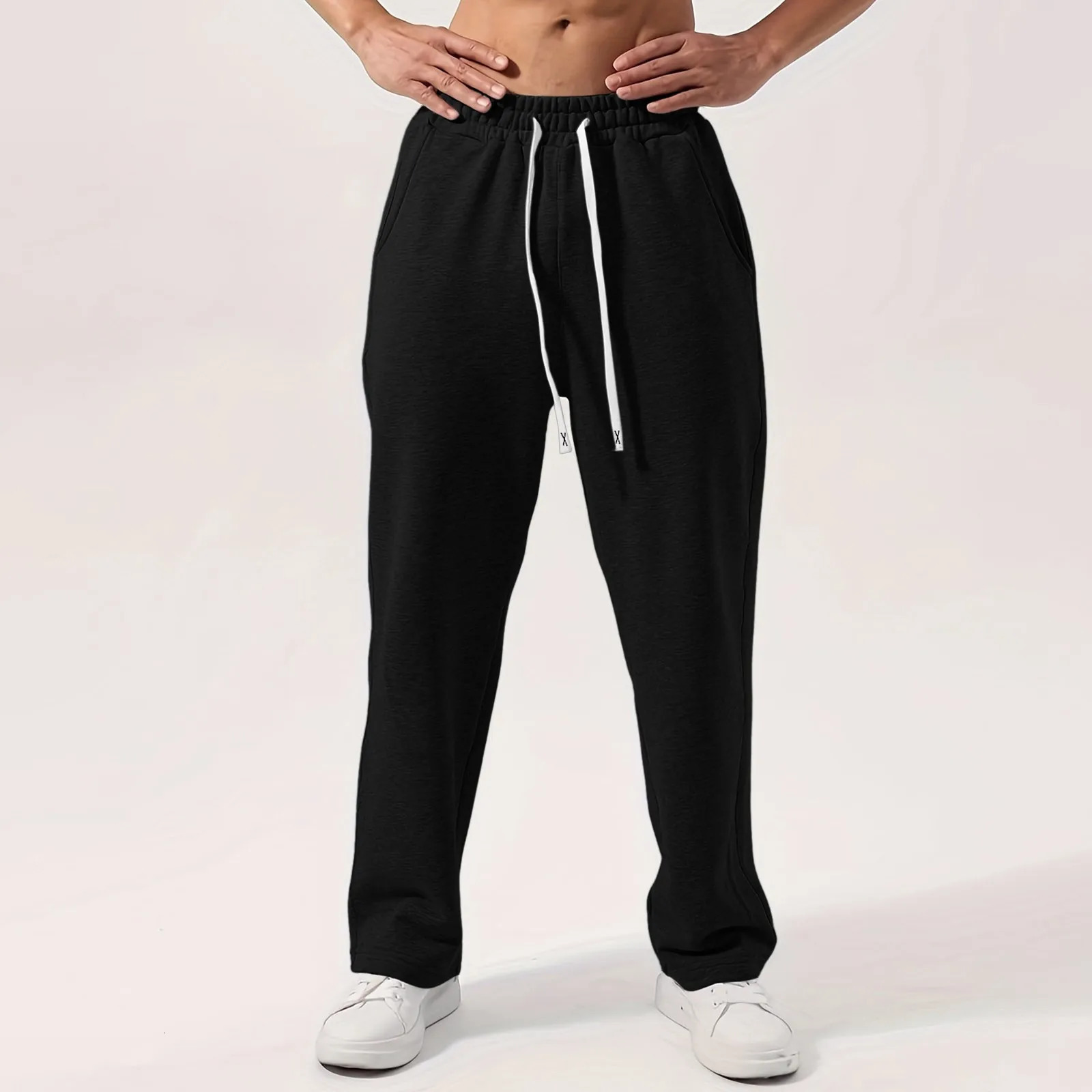 Classic Sweatpants Mens Fleece Lined Trousers Wide Leg Straight Style Long Pants Workout High Waisted Yoga Sports Bottom 250214