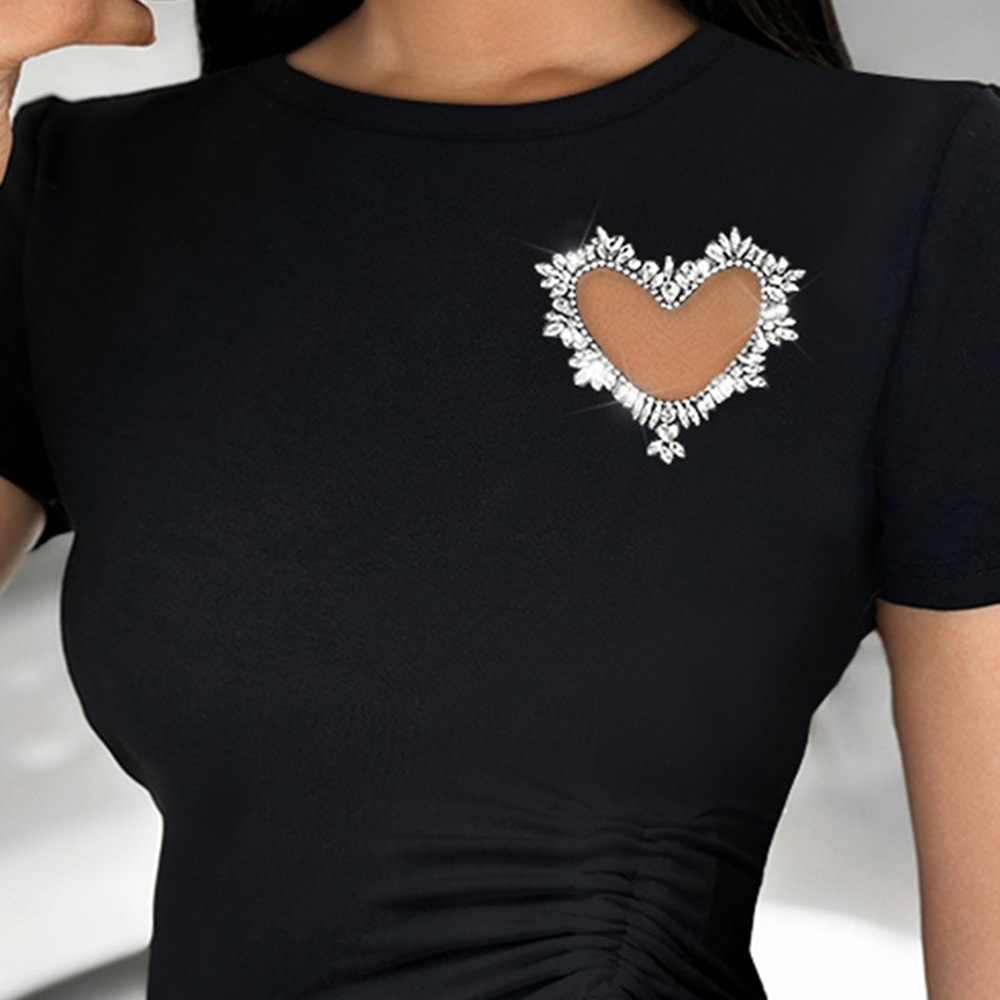Designer Summer Fashion Trend T-shirt Round Neck Exposed Navel Heart-shaped Hot Print Lace Up Drawstring Solid Color Short Sleeved Women
