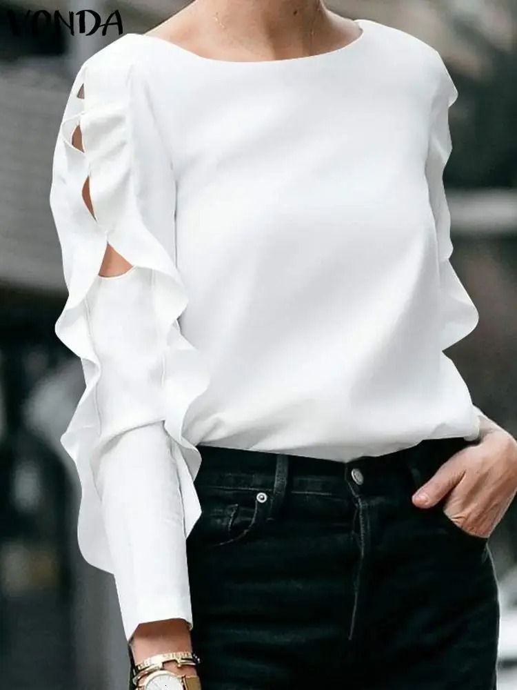 Plus Size 5XL VONDA Autumn Elegant Solid Blouse Fashion Top Women Ruffled Long Sleeve Hollow Out Casual Loose Shirts Blouses 250210