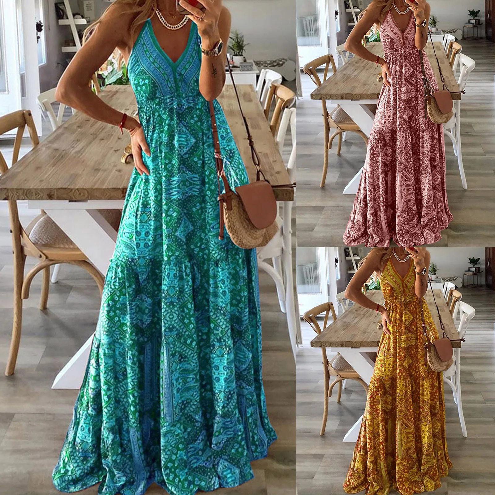 Womens Bohemian Beach Long Dresses Elegant Spaghetti Strap Ethnic Style Maxi Dress Summer V Neck Tunic Sling Dress Womens Clothing 250213