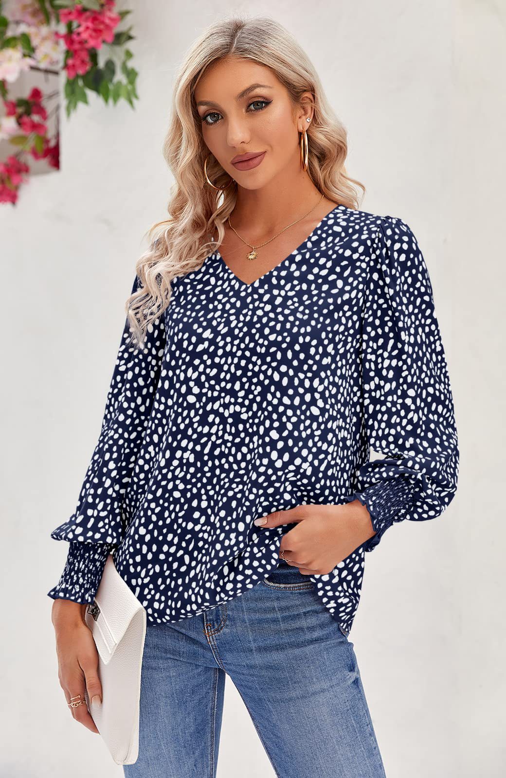 2025 Spring New Loose Printed Long Sleeve V-neck Chiffon Shirt Women's Top