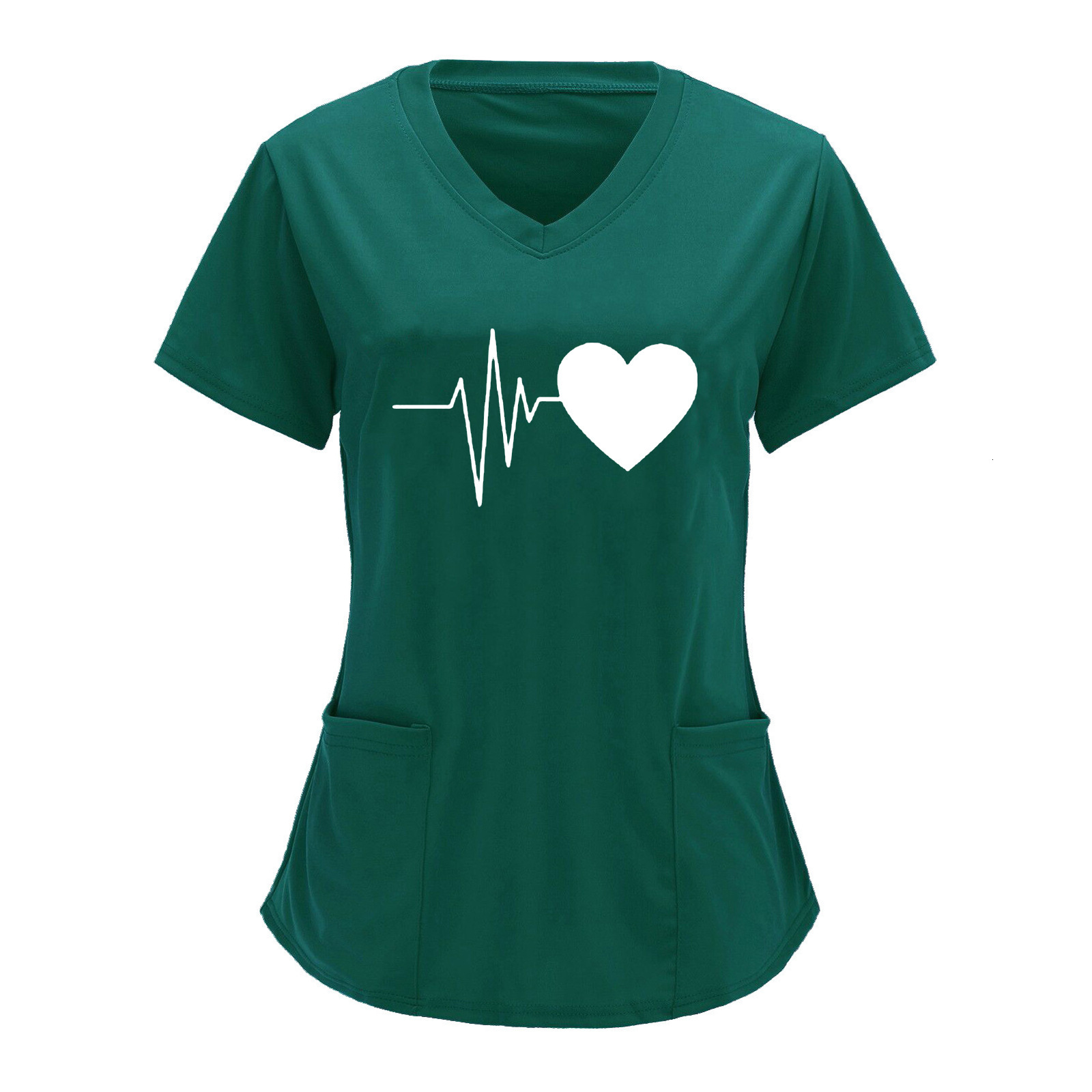 2025 Designer Nurse Protective Work Clothes V-neck Double Pocket Heartbeat Printed Shirt Short Sleeve T-shirt Large Size