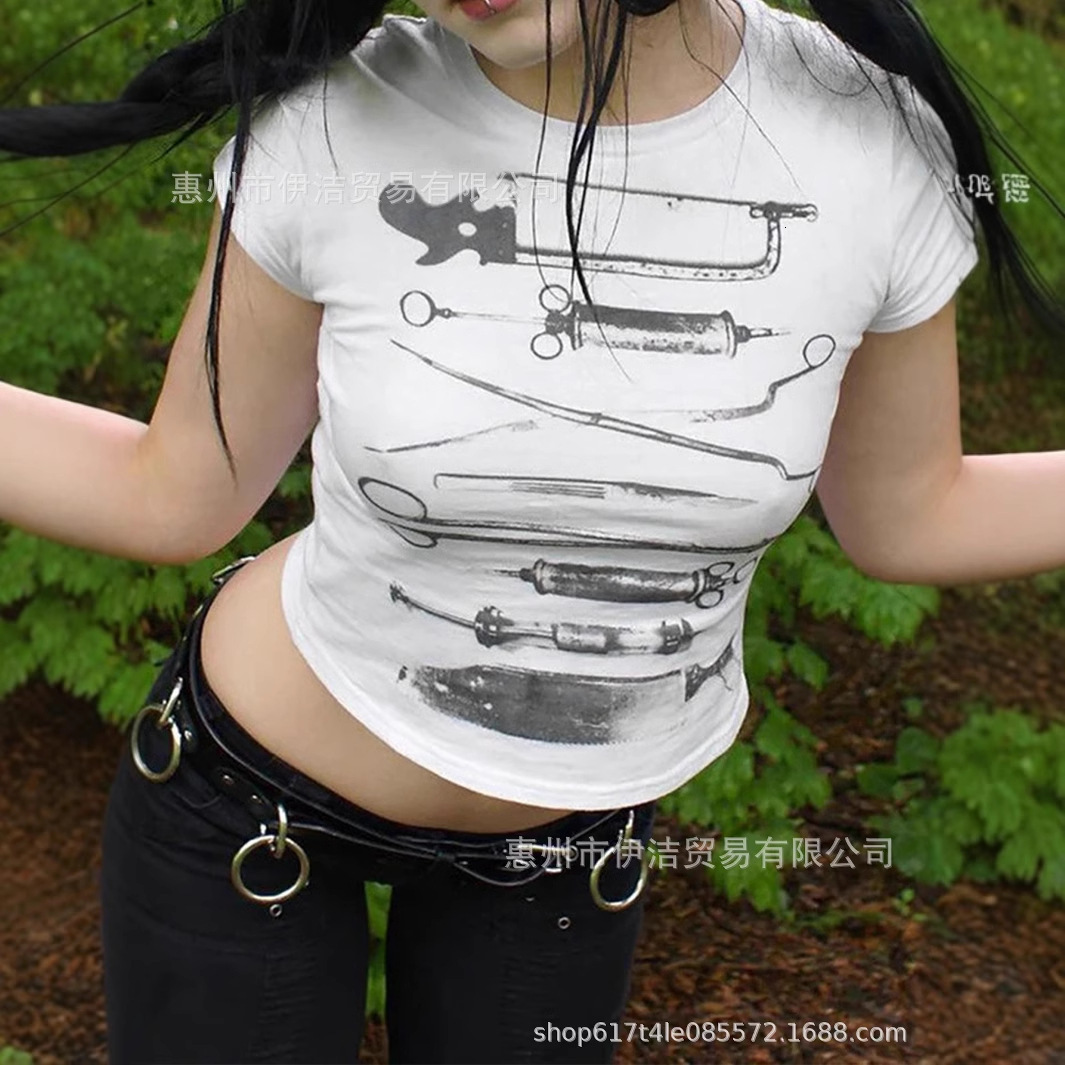 Designer's American Abstract Printed Round Neck Short Sleeved T-shirt For Summer 2025, Fashionable And Sexy Women's Style, INS Exposed Navel