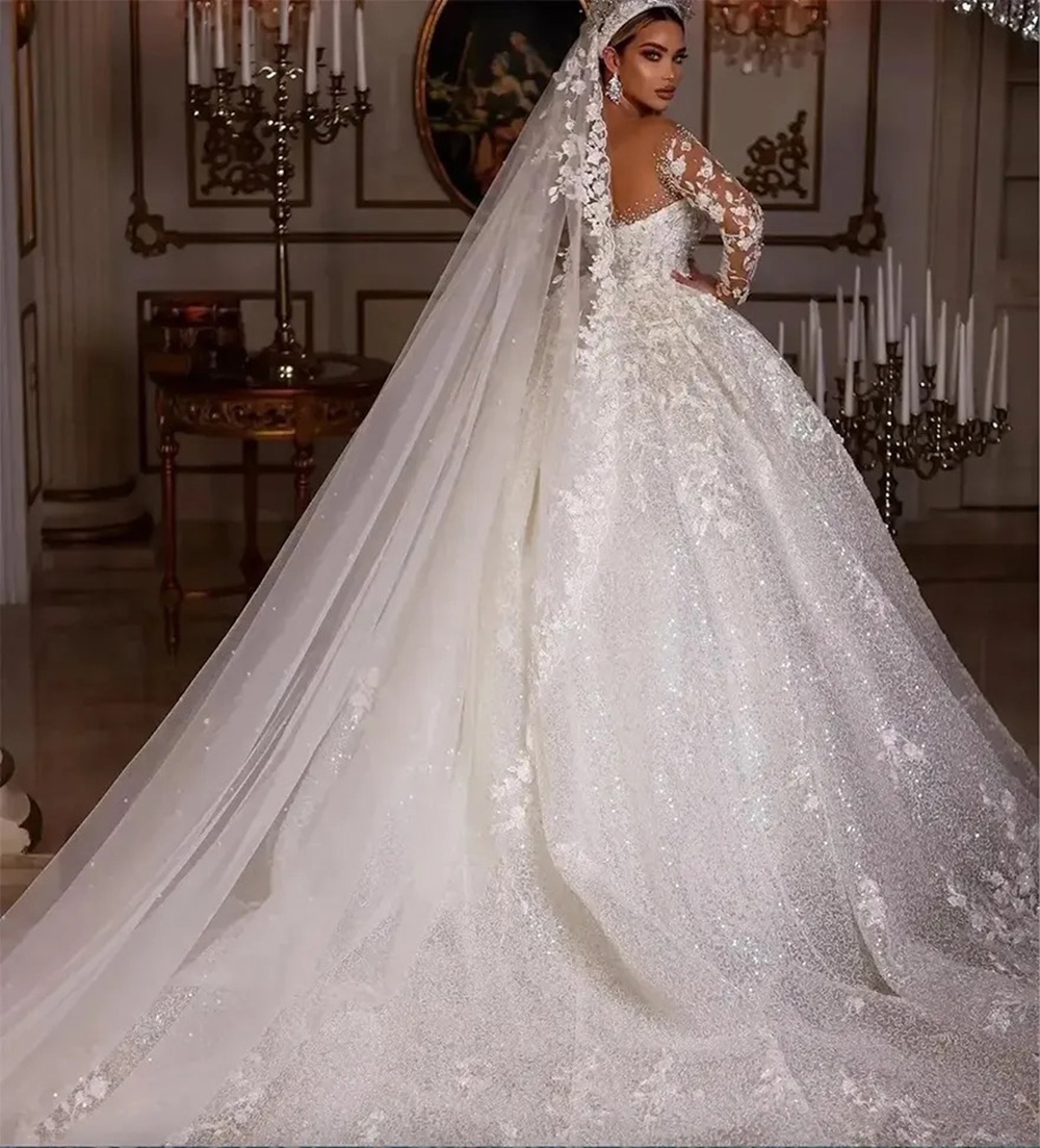 A-Line Wedding Dresses Long Sleeves Sequins Beads Sheer Neck Appliques Glitter Bride Gowns Vestido de Noiva