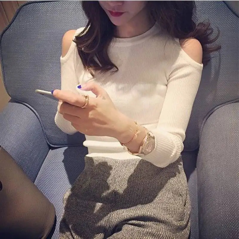 Autumn and Winter Womens Knitted Tight Pullover Sweater Shoulder Long Sleeve Top Casual Womens Wear 250210