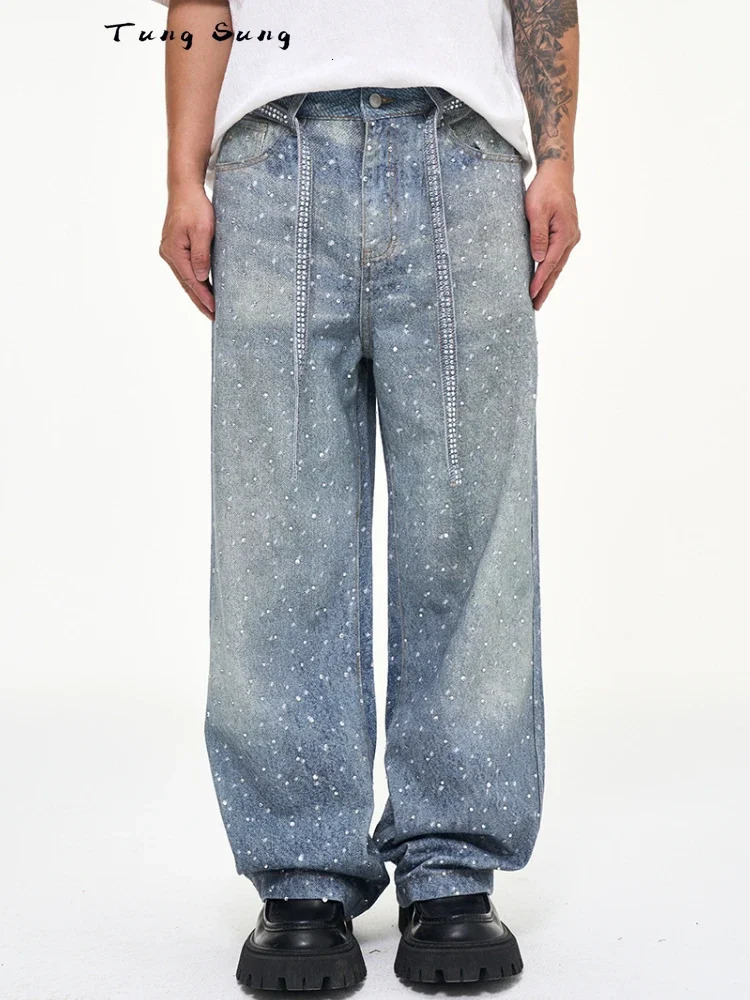 Tung Sung Full Diamond Printing Belt Wash Casual Loose Straight Jeans Hip Hop Y2k Mens 250214