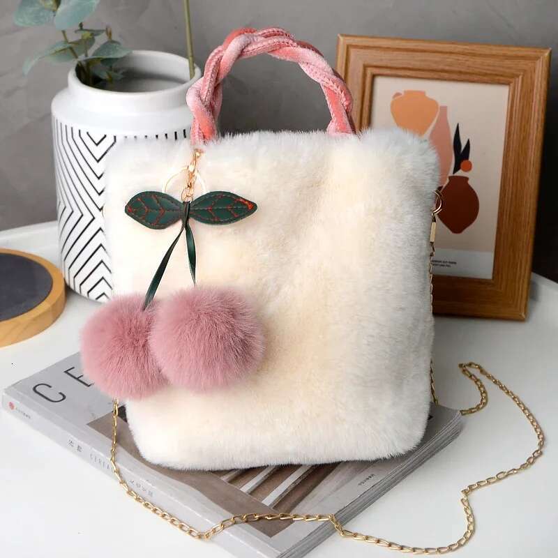 New Women Soft Plush Handbag Winter Furry Ladies Clutch Purse Shoulder Bags Fashion Female Cherry Pendant Messenger Bag