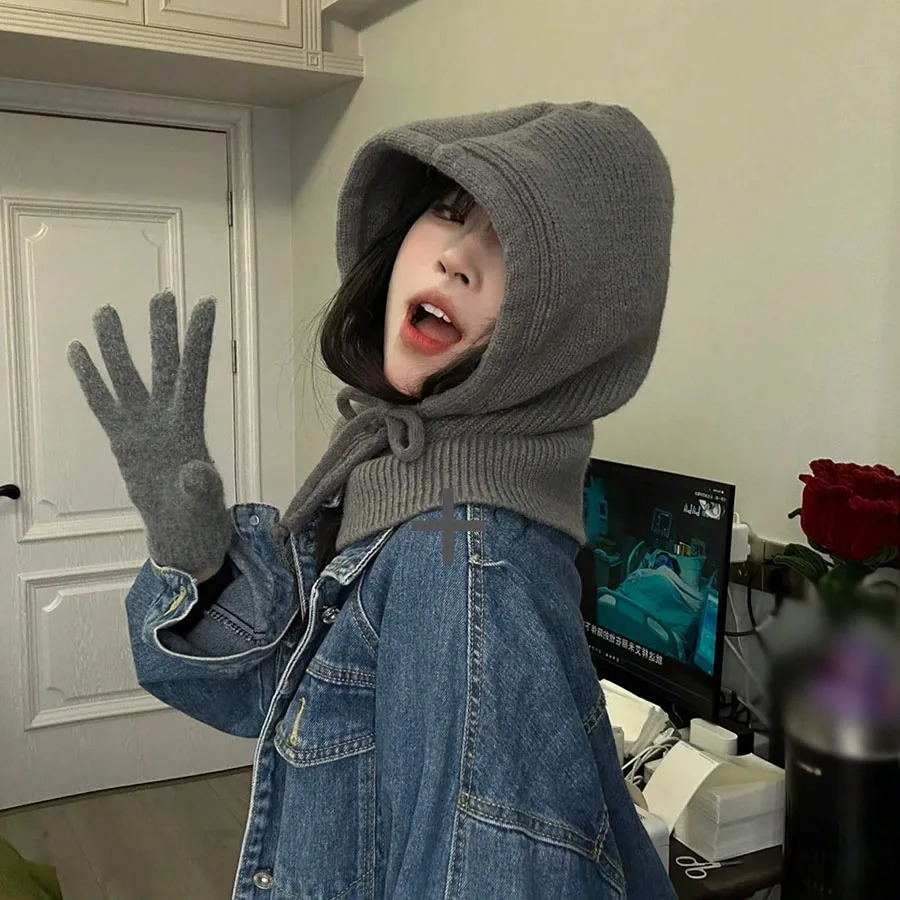 Winter Fashion Knitted Hooded Hat Women Grey Neck Cover Balaclava Beanies Korean Trend Y2k Wool Pullover Hat 250214