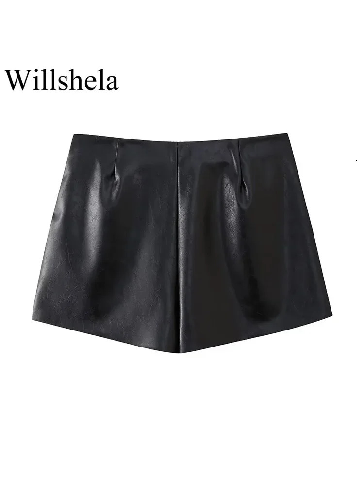 Willshela Womens Fashion PU Black Side Zipper Mini Ski Shorts Retro High Waist Chic 250213