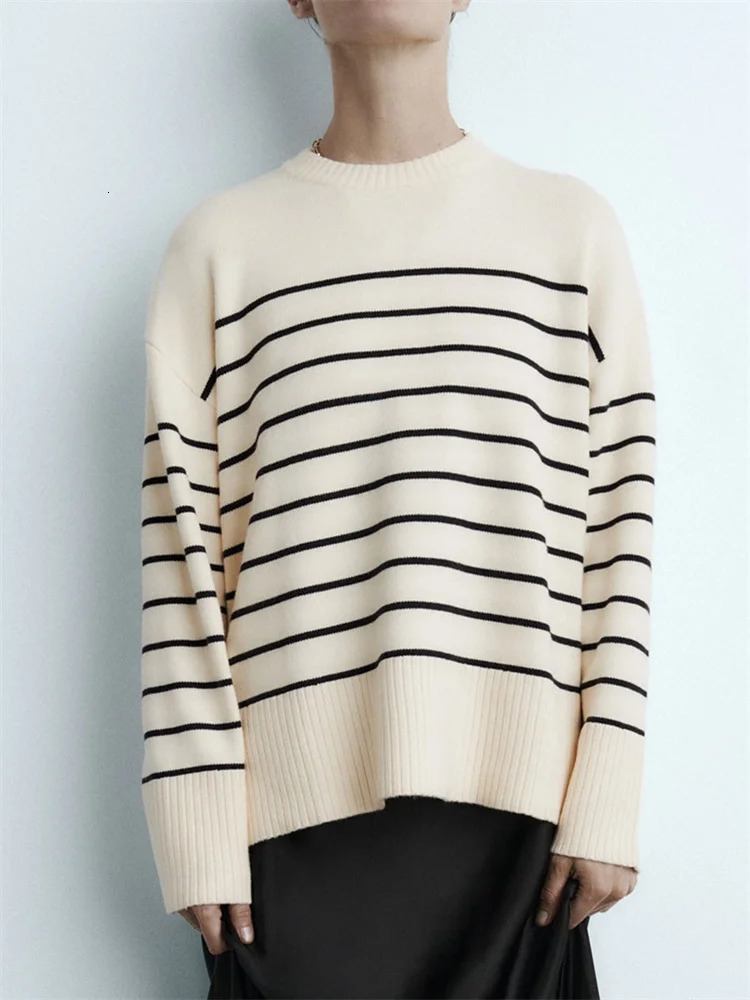 Beige Stripe Baggy Sweater Women Pullover Streetwear Long Sleeve Knitted Tops Female Jumper Autumn Winter Loose Sweaters 250211
