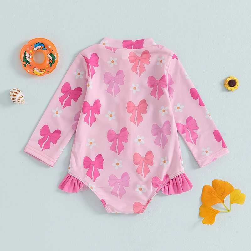 Toddler Girl Ruffle Swimsuit Long Sleeve Zipper Rash Guard Bathing Suit Cute Bow Pattern Swimwear RomperXJ250214