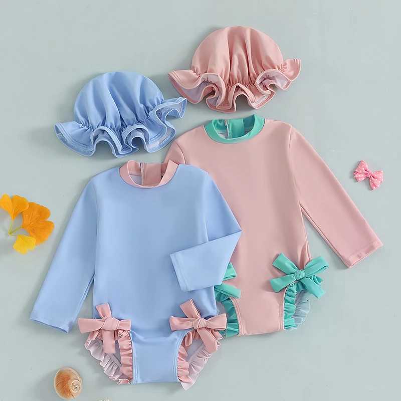 0-3Years Baby Girl Swimsuit Summer Cute Bow Print Long Sleeve Ruffled Bathing Suit with Sun Hat Rash Guard Beach SwimwearXJ250214