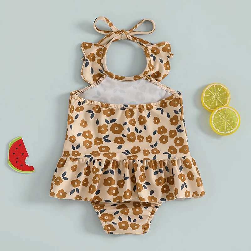 0-3T Toddler Girl Halter Neck Swimsuit Floral Print Romper Dress Bathing Suit Ruffled BeachwearXJ250214