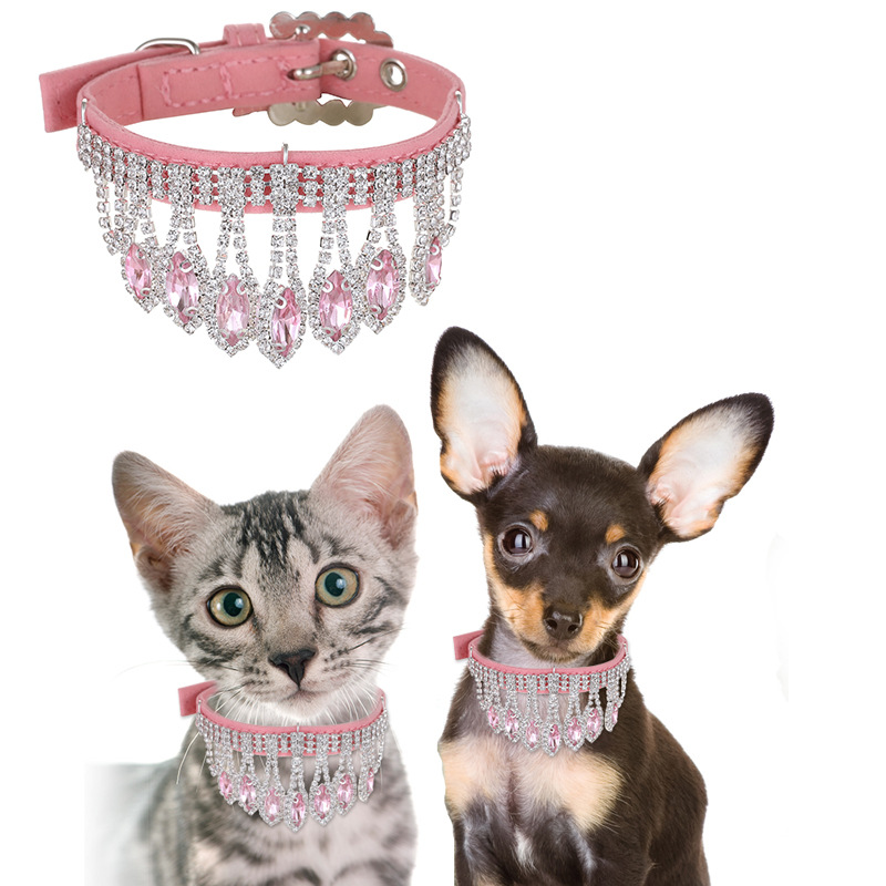 Luxury Dog Collar with Bling Colored Crystal Pendant, Suede Leather Girl Cat Dog Collar, Cat Neck Decoration, Adjustable Pet Collars for Small Medium 