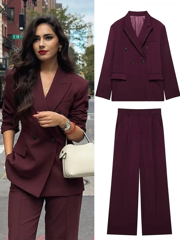 Fashion Lapel Jacket Long Pant Sets For Women Double Breasted Blazer Wide Leg Pant 2 Piece Outfits Office Lady Chic Suits 250210