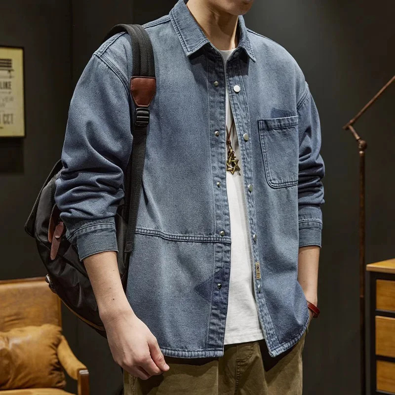 Spring jacket mens denim shirt long sleeved lapel casual retro clothing multi pocket 250212