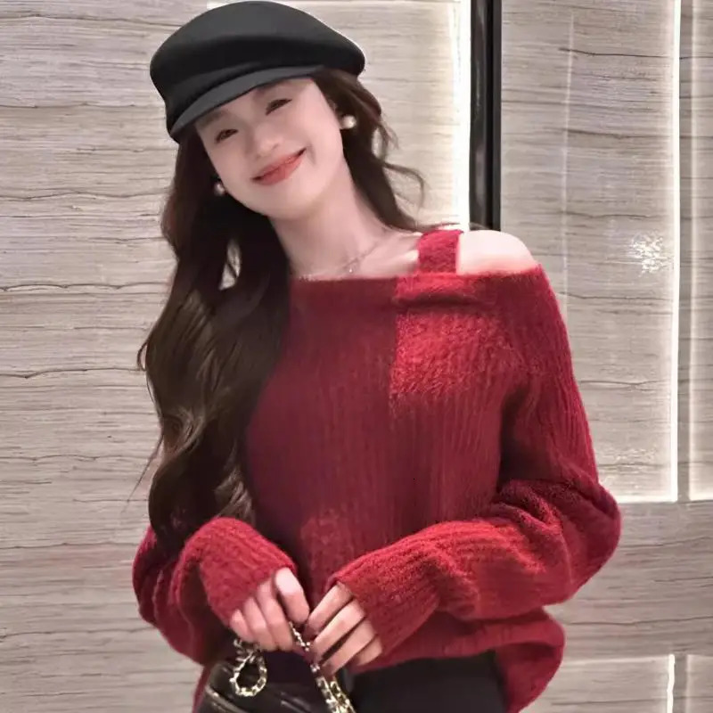 Off Shoulder Knitted Sweater Women Autumn Winter Solid Color Long Sleeve Fashion Casual Loose Pullover Tops Ladies Clothing 250210