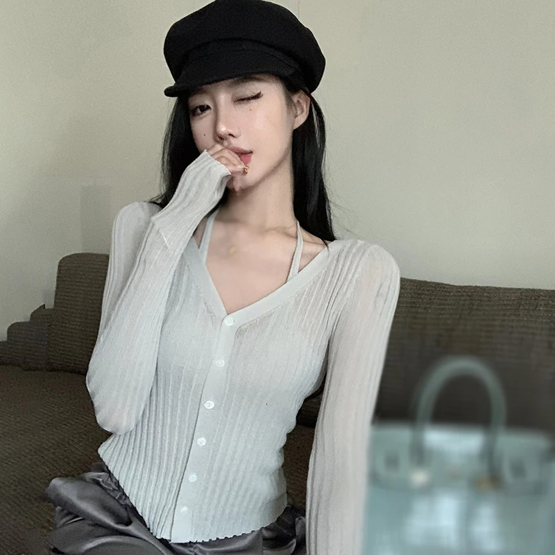 Spring Autumn Womens Knitted Top Casual Fashion Two Pieces Long Sleeves Solid Color 250211