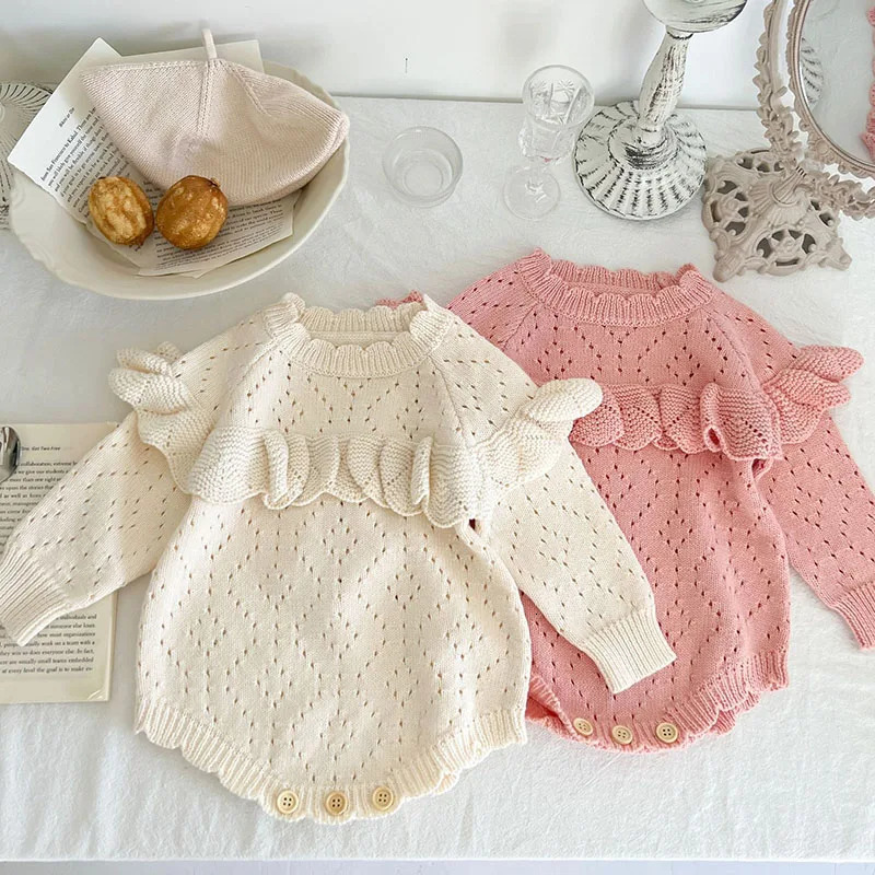 2024 Baby Girls Knitting Bodysuits Long Sleeve Solid Color Hollowed Out Spring Autumn born Baby Girls Knitting Jumpsuit 250208