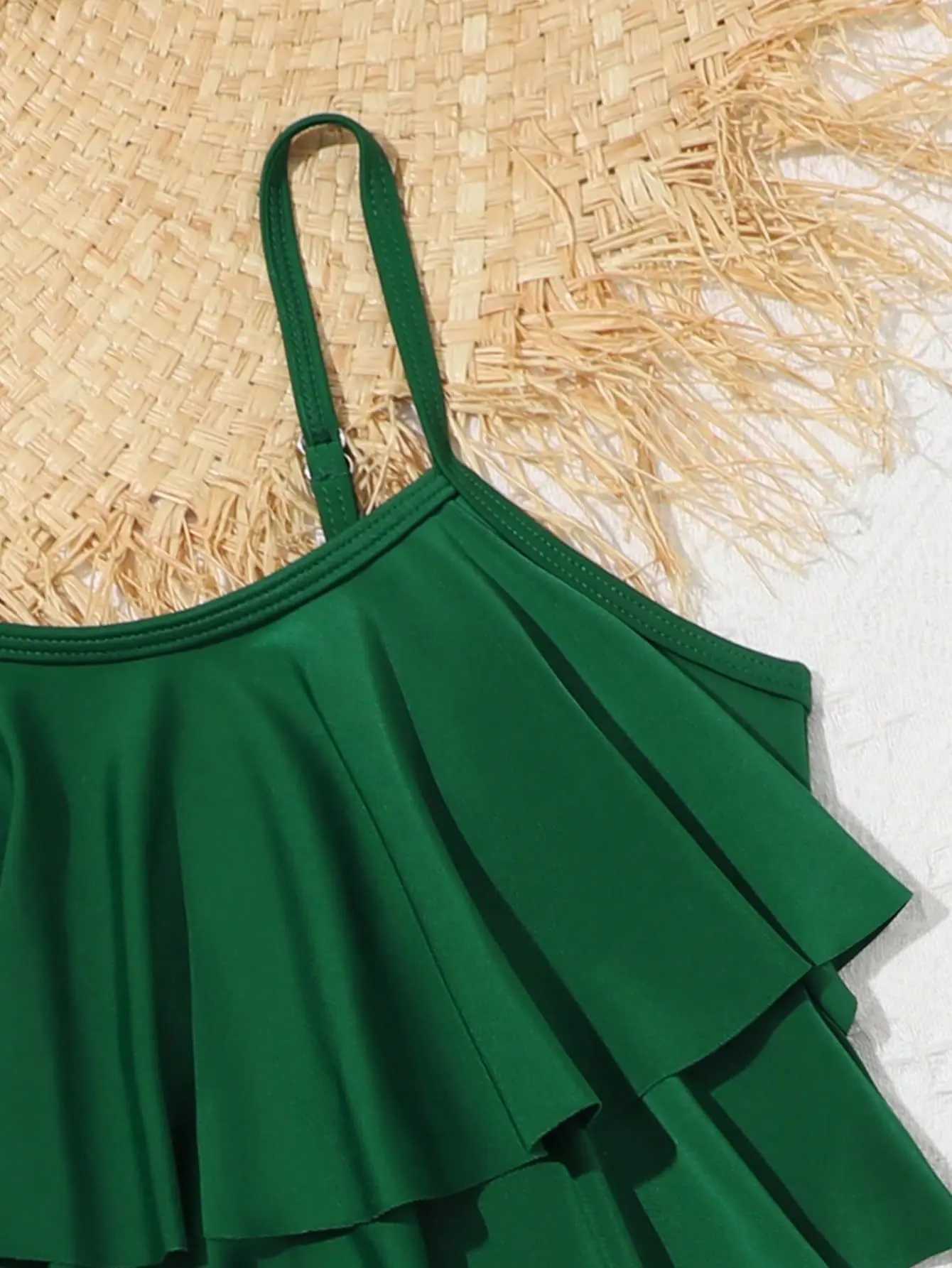 7-12 Years Leaf Print Girls Kids Swimsuit Ruffle Summer Beach Children Swimwear High Waist Biquini Teens Bathing Suit Bikini SetXJ250214