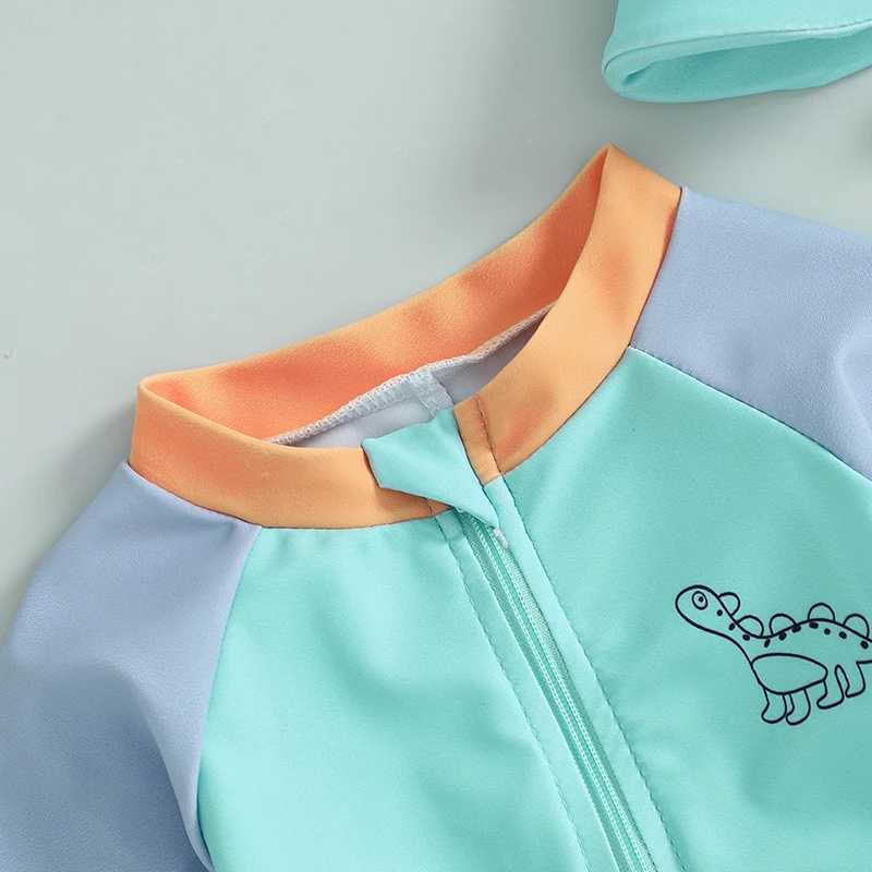 0-3T Newborn Toddler Boys Rash Guard Swimsuit Contrast Color Dinosaur Print Long Sleeve Mock Neck Zip Bathing Suit with HatXJ250214