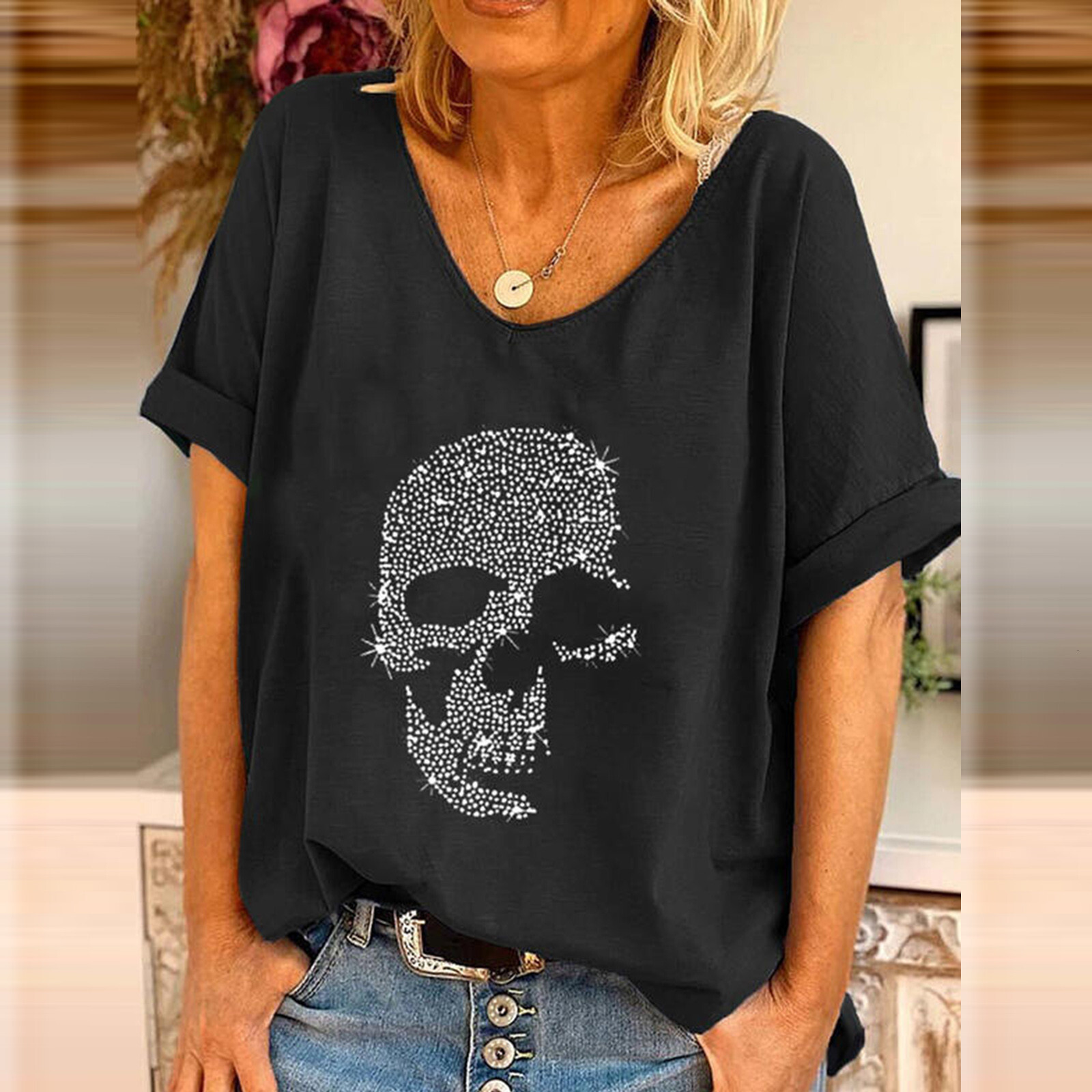 Designer Free Shipping Casual Fashion Trend Top Women's Short Sleeved Oversized Loose Bead T-shirt