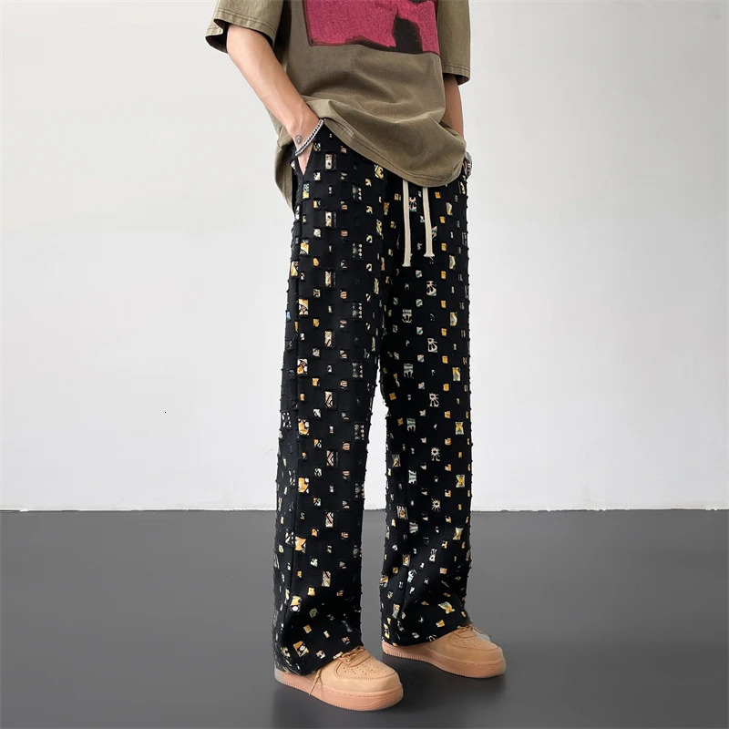 Cotton Casual Pants Men Fashion Retro Colored Plaid Pants Men Streetwear Hip-hop Loose Hollow Out Pants Mens Hole Trousers M-3XL 250214