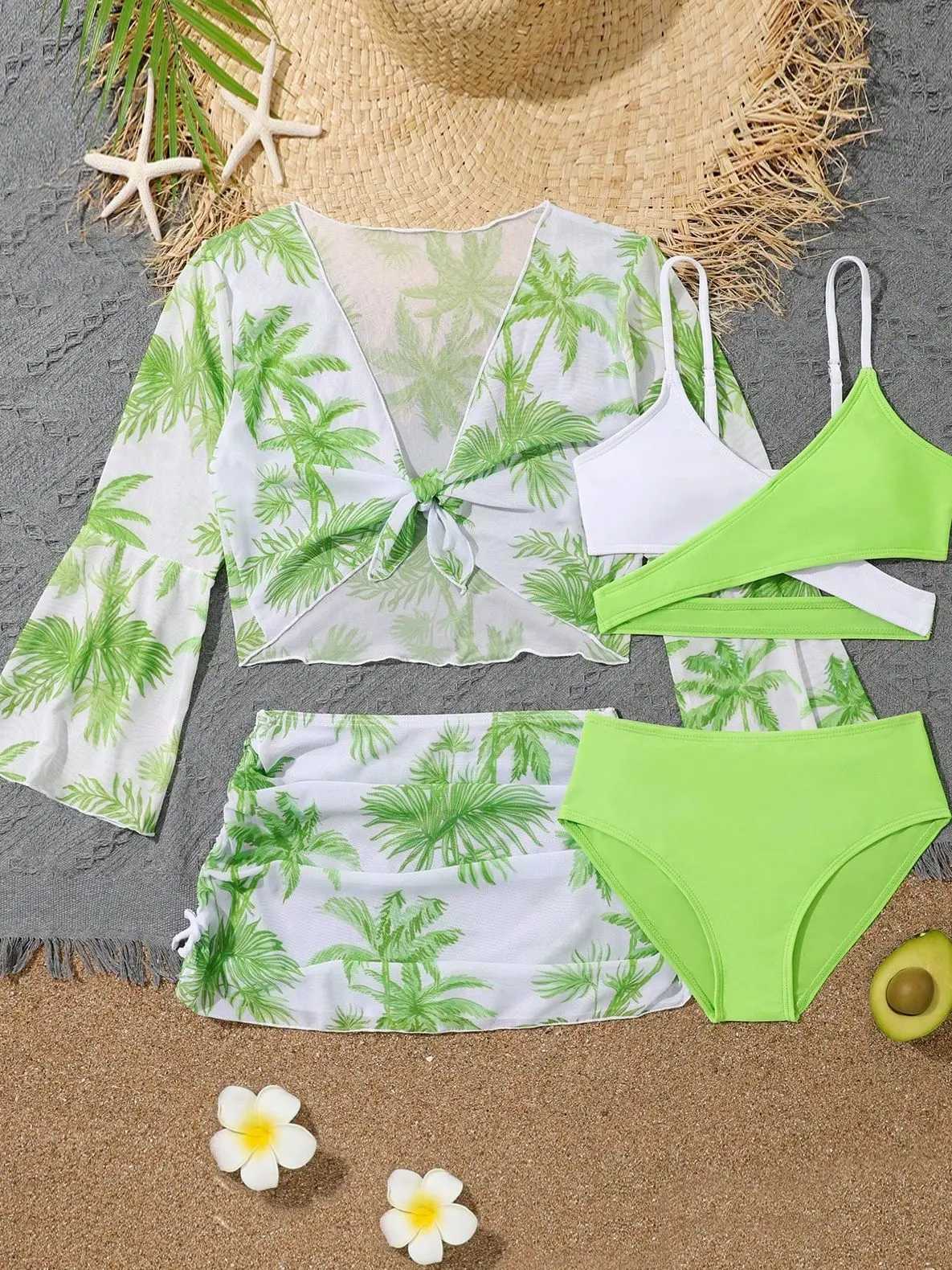 4 Pieces Bikini Top Skirt 2023 Girls Swimsuit Kids High Waist Swimwear Children Bathers Bathing Swimming Swim Suit BeachwearXJ250214