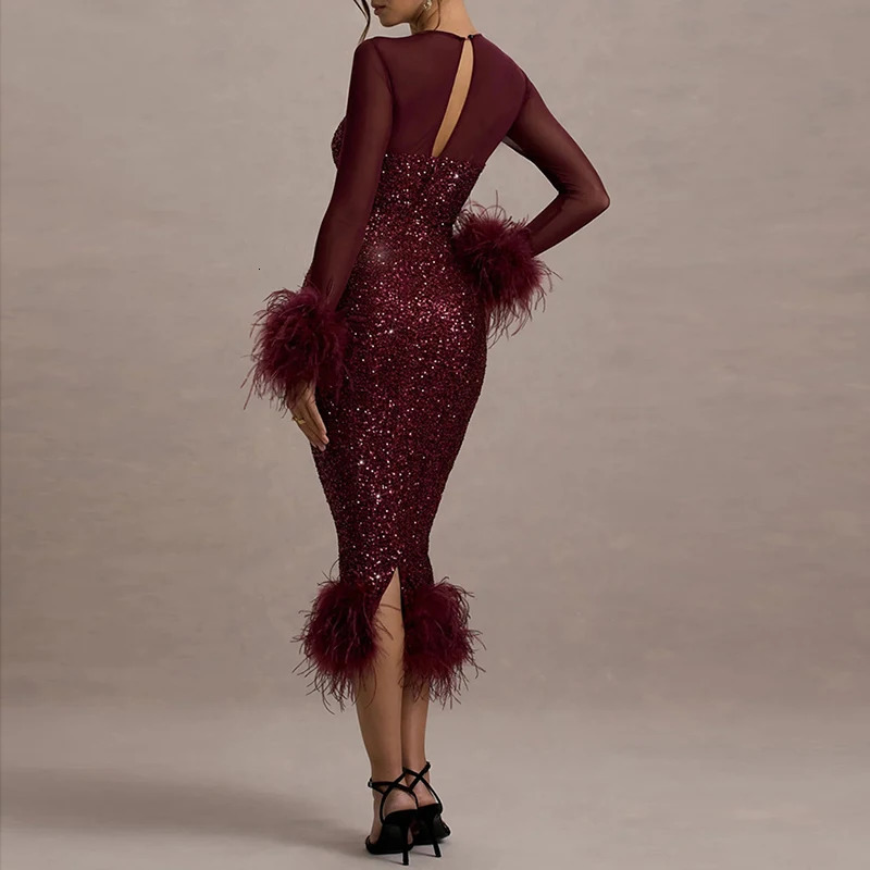 Spring Sequin Patchwork Mesh Party Dresses Women Sexy O Neck Button Hollow Long Dress Autumn Sleeve Feather Slim Hip 250214