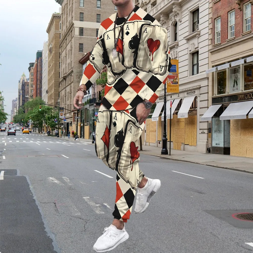 Fashion Poker 3D Print Mens Sportswear Set Casual Long-Sleeved T Shirt Pants 2-Piece Set Oversized Pullover Men Clothing 250214