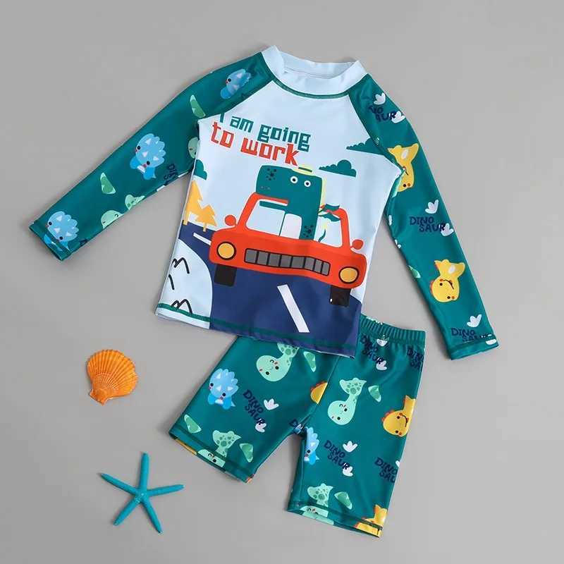 Children Boy Girl Swimsuit Swimwear 2pcs Quick Drying Sun Protection Dinosaur Print Long Sleeves Bathing Suit Swimming CostumeXJ250214