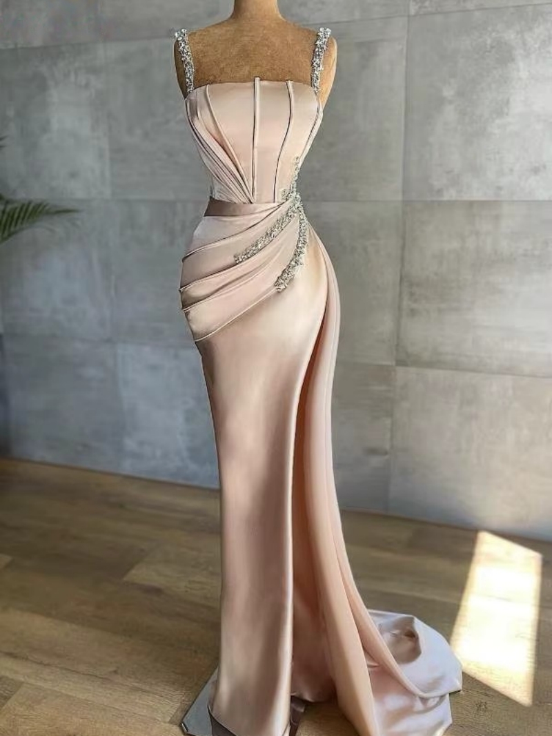 Side Split Spaghetti Mermaid Prom Dresses Crystals Beaded Corset Champagne Evening Gowns Sleeveless Long Chic Pageant Party Dress 2025