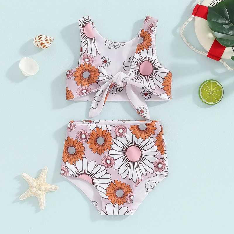 Kids Girl Two Piece Swimsuits Summer Striped/Floral Print Knotted Tankini and Elastic Shorts Set Bikini Bathing SuitsXJ250214