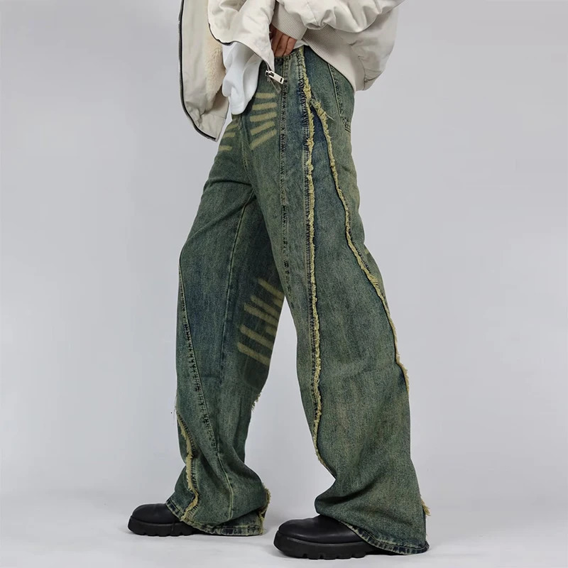 Streetwear Fashion Denim Trousers Mens Spring Fall Trendy Patchwork n Jeans For Men Vintage Fringed Solid Color 250214