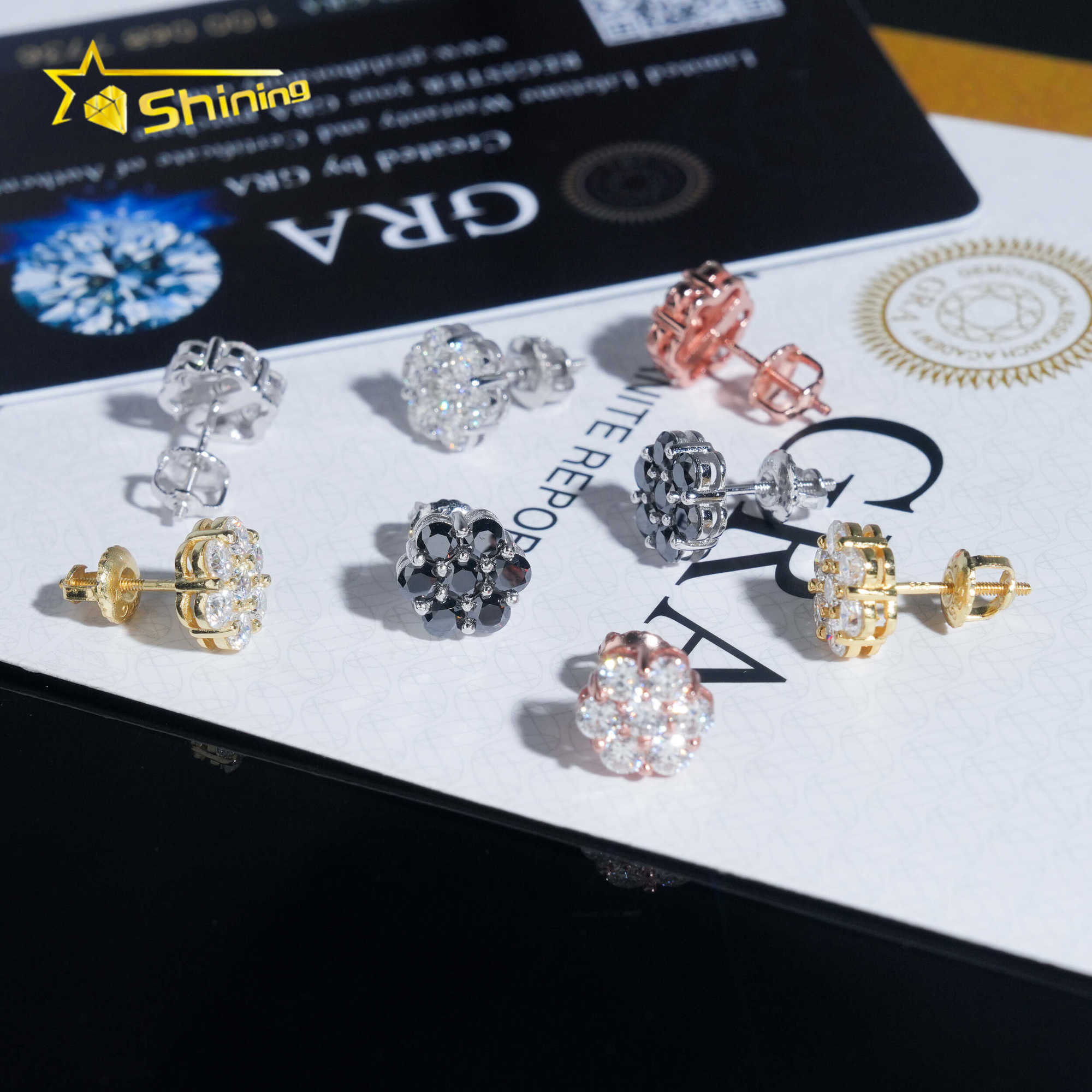 RTS Men Hip Hop Jewelry 925 Sterling Silver White Black 8mm Cluster Flower Moissanite Stud Earrings With GRA Certificate